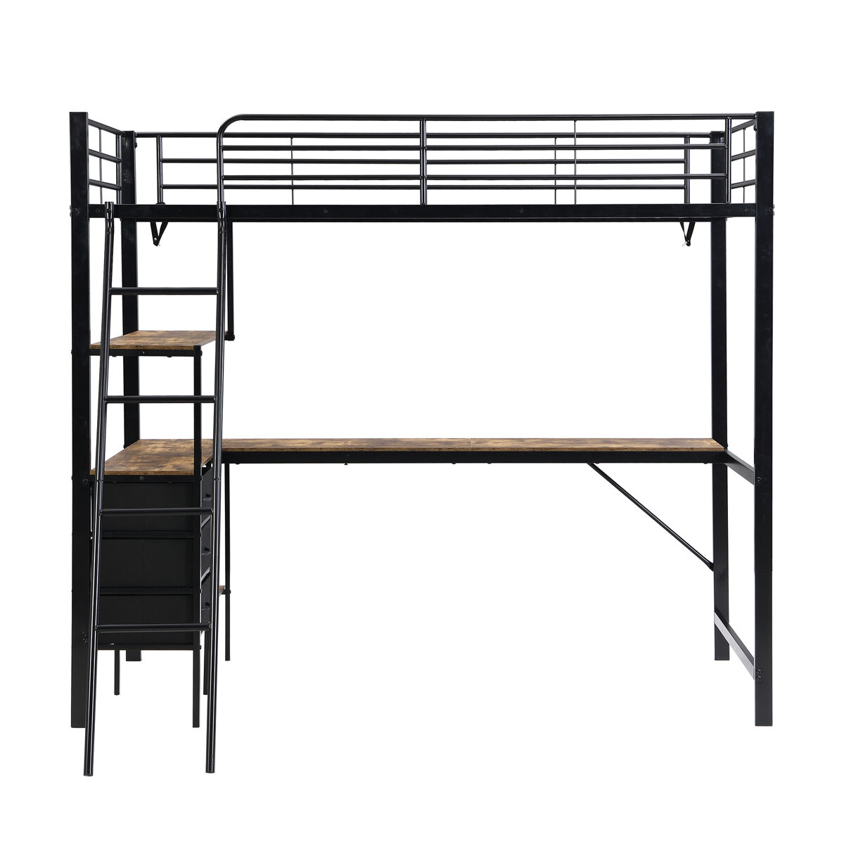 Beliche, 90x200cm - três gavetas, mesa de 2m, escada inclinada com 4 degraus - noir + nogueira escura