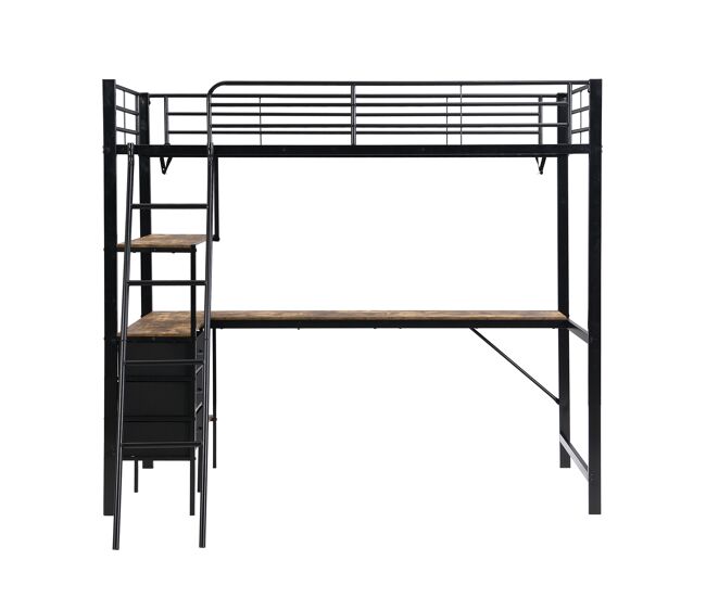 Beliche, 90x200cm - três gavetas, mesa de 2m, escada inclinada com 4 degraus - noir + nogueira escura