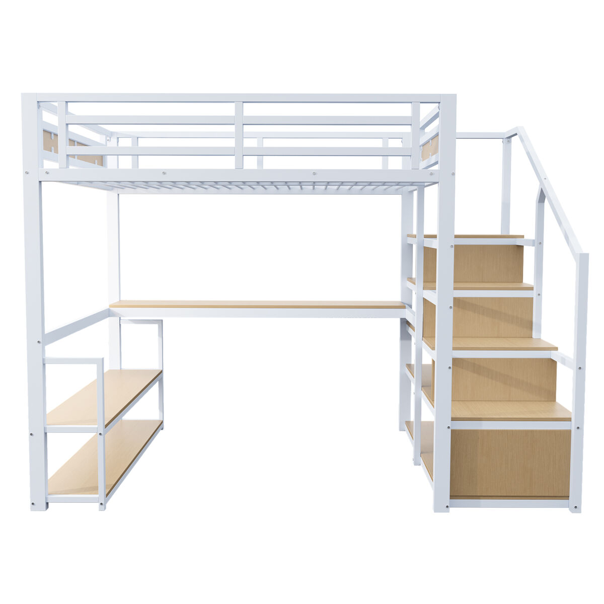 Cama alta 140x200 cm - cama metálica com escada de arrumação, prateleiras e mesa, design de barreira de segurança com ripas de metal, estrutura de