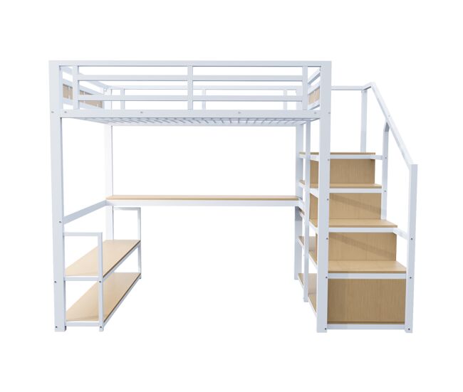 Cama alta 140x200 cm - cama metálica com escada de arrumação, prateleiras e mesa, design de barreira de segurança com ripas de metal, estrutura de