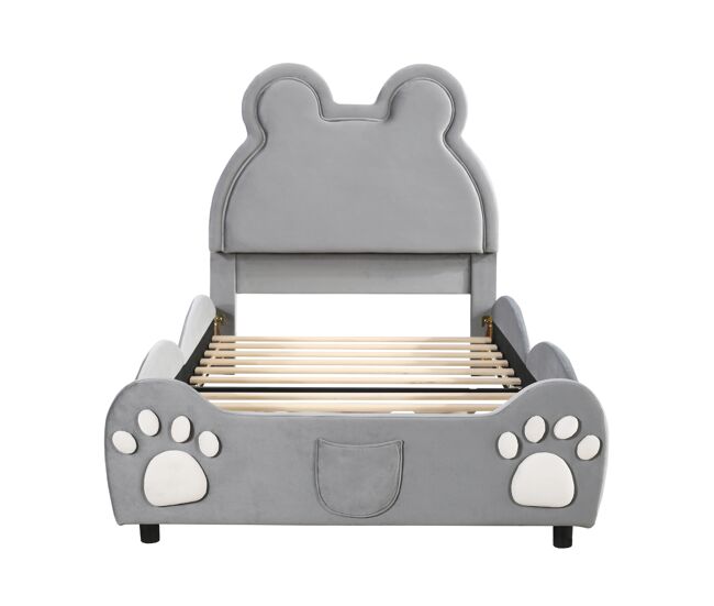 Cama de criança 90 x 200 cm - forma de urso - tecido de veludo - cinzento