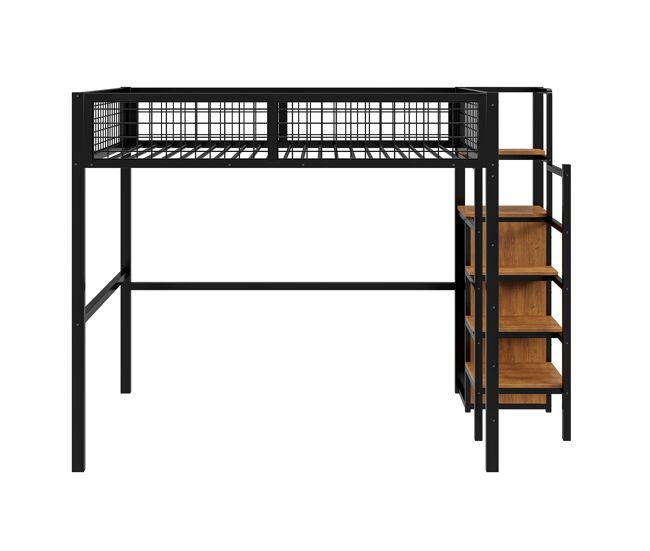 Cama alta 140*200 - com escada, cama infantil com estrutura de ferro e prateleira de arrumação - preto