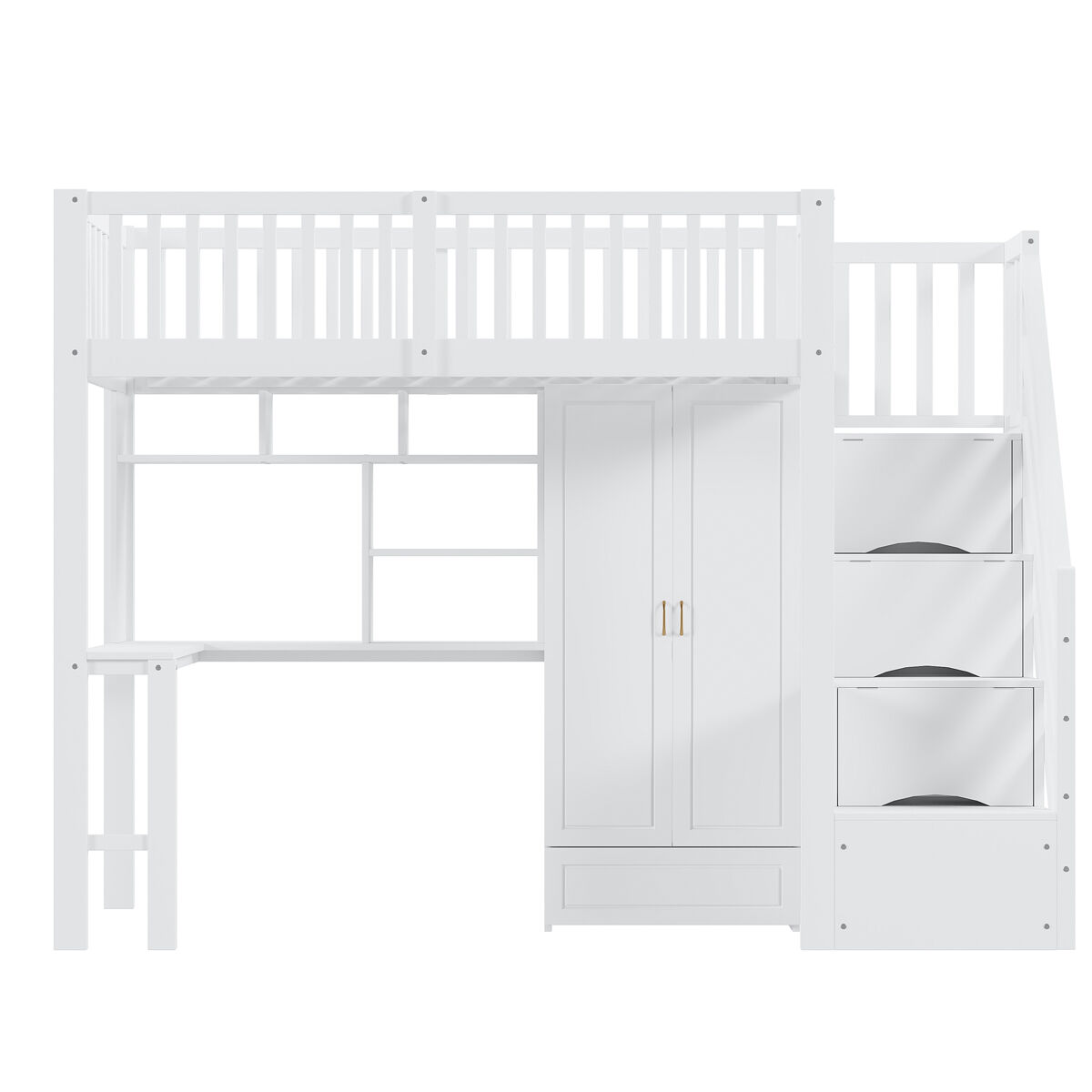 Cama alta 90x200 - com armário, estante, mesa e escada, estrutura em madeira, branca