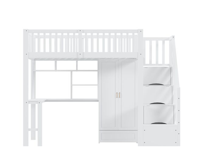 Cama alta 90x200 - com armário, estante, mesa e escada, estrutura em madeira, branca