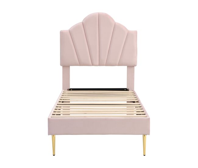 Cama de veludo para criança - 90x200cm - cabeceira em forma de concha - rosa