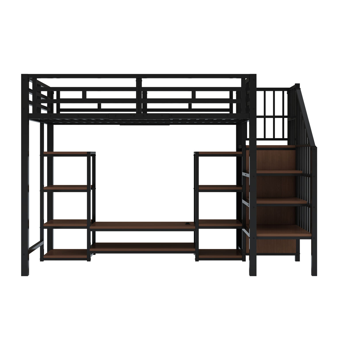 Cama alta 90x200 com suporte para tv, tomada e escada de segurança - combinação metal-madeira, preto