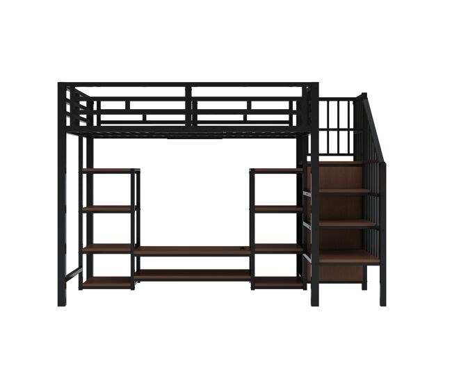 Cama alta 90x200 com suporte para tv, tomada e escada de segurança - combinação metal-madeira, preto