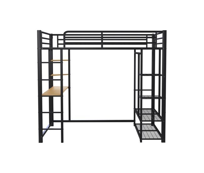 Cama mezzanine metálica 140x200 cm - com mesa e prateleiras - preto