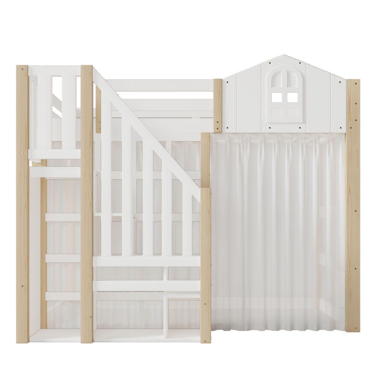 Cama loft 140x200 cm - com luzes led, escada com arrumação, janela, com espaço de arrumação, sem colchão - branco + natural
