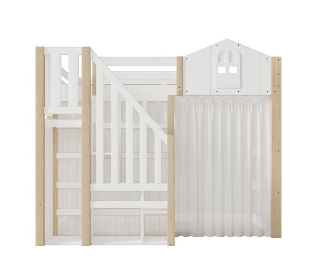Cama loft 140x200 cm - com luzes led, escada com arrumação, janela, com espaço de arrumação, sem colchão - branco + natural