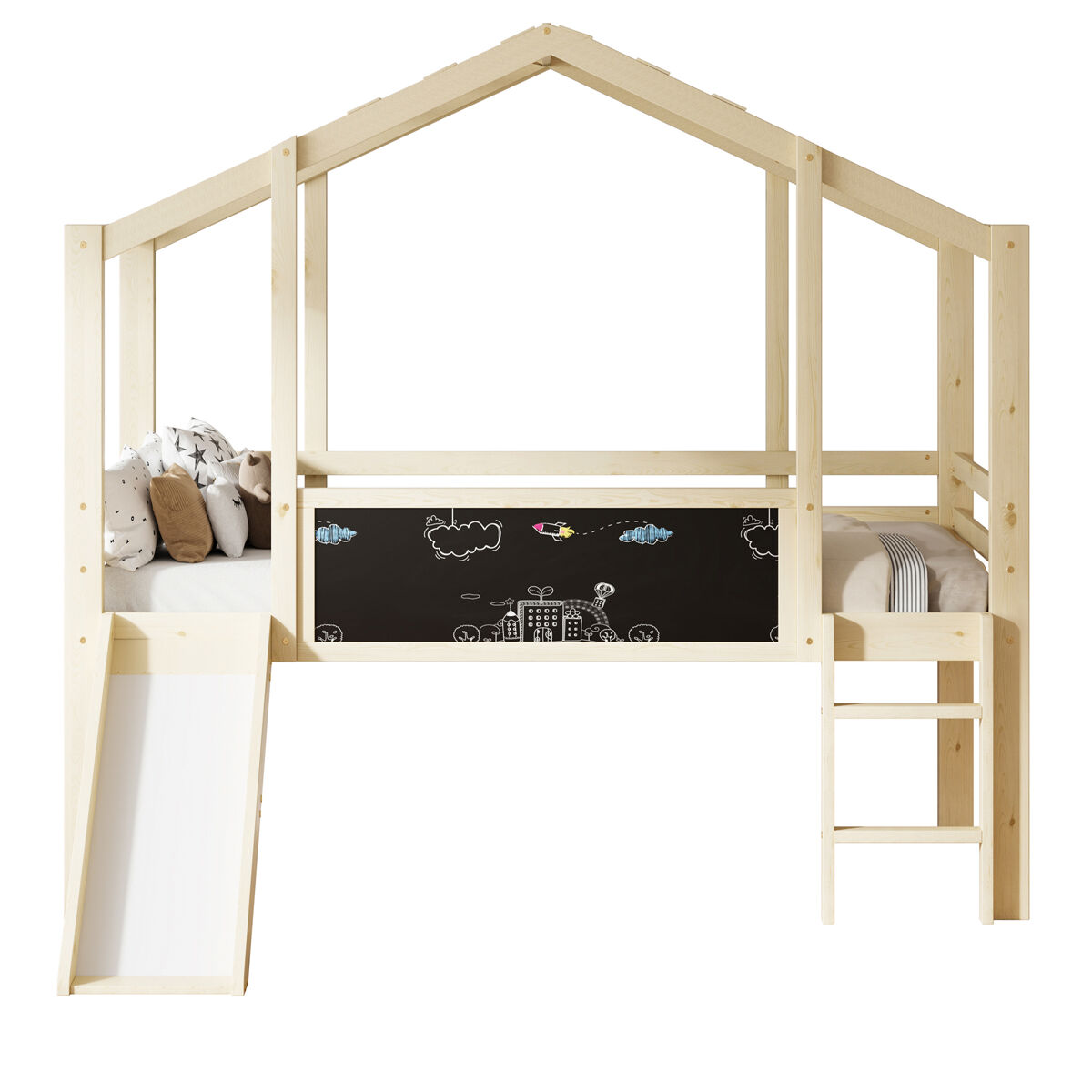 Cama infantil 90x200 cm - design loft com escada e escorregador, quadro de grafite, cama multifuncional, cor madeira