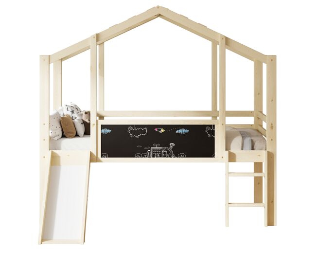 Cama infantil 90x200 cm - design loft com escada e escorregador, quadro de grafite, cama multifuncional, cor madeira