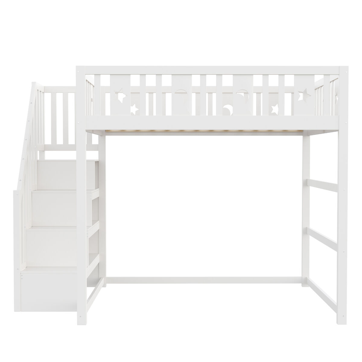 Cama alta infantil 140x200 - com escada, cama de madeira maciça com grade de segurança, decoração de estrelas e lua - branco