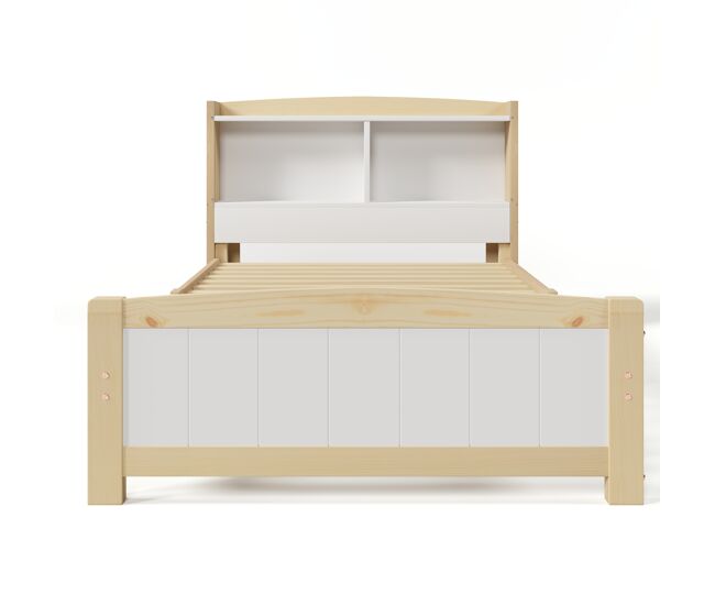 Cama de enfant em madeira maciça com cabeceira + estrado de molas - 90x200cm - natural e blanc