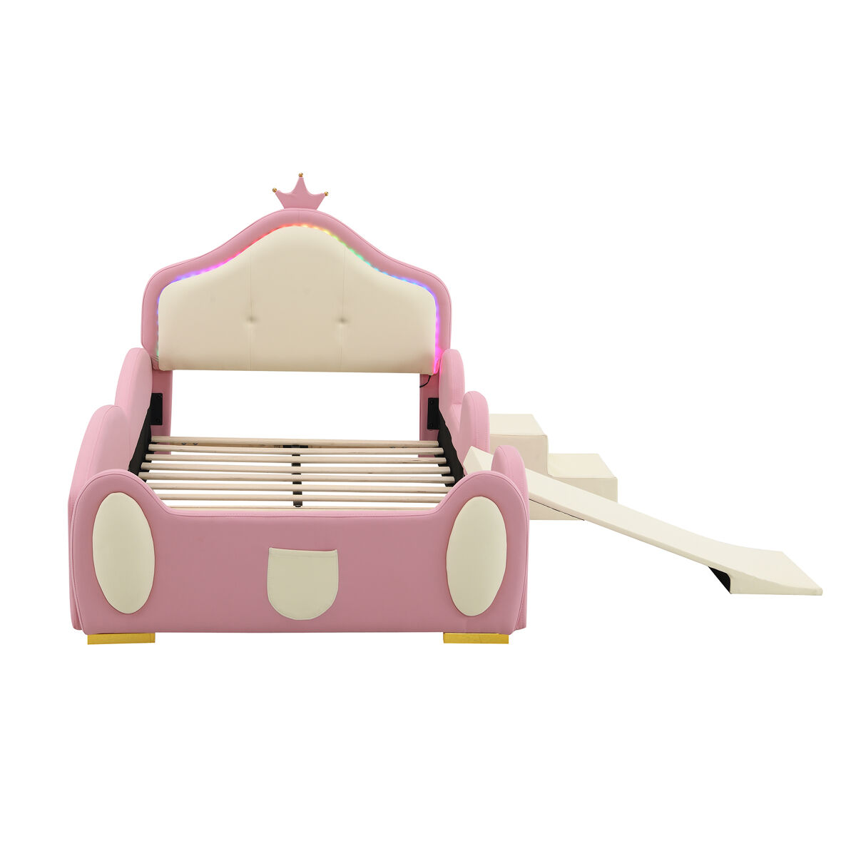 Cama estofada 90x200cm - cama infantil com luzes led, pequeno escorregador e escada - rosa + bege