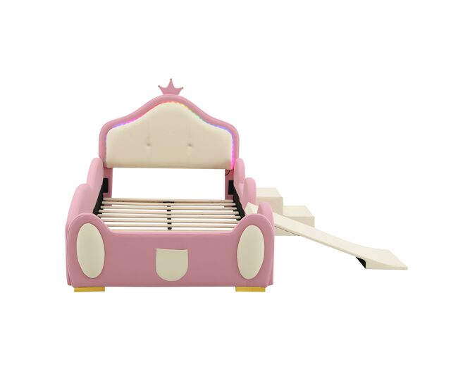 Cama estofada 90x200cm - cama infantil com luzes led, pequeno escorregador e escada - rosa + bege