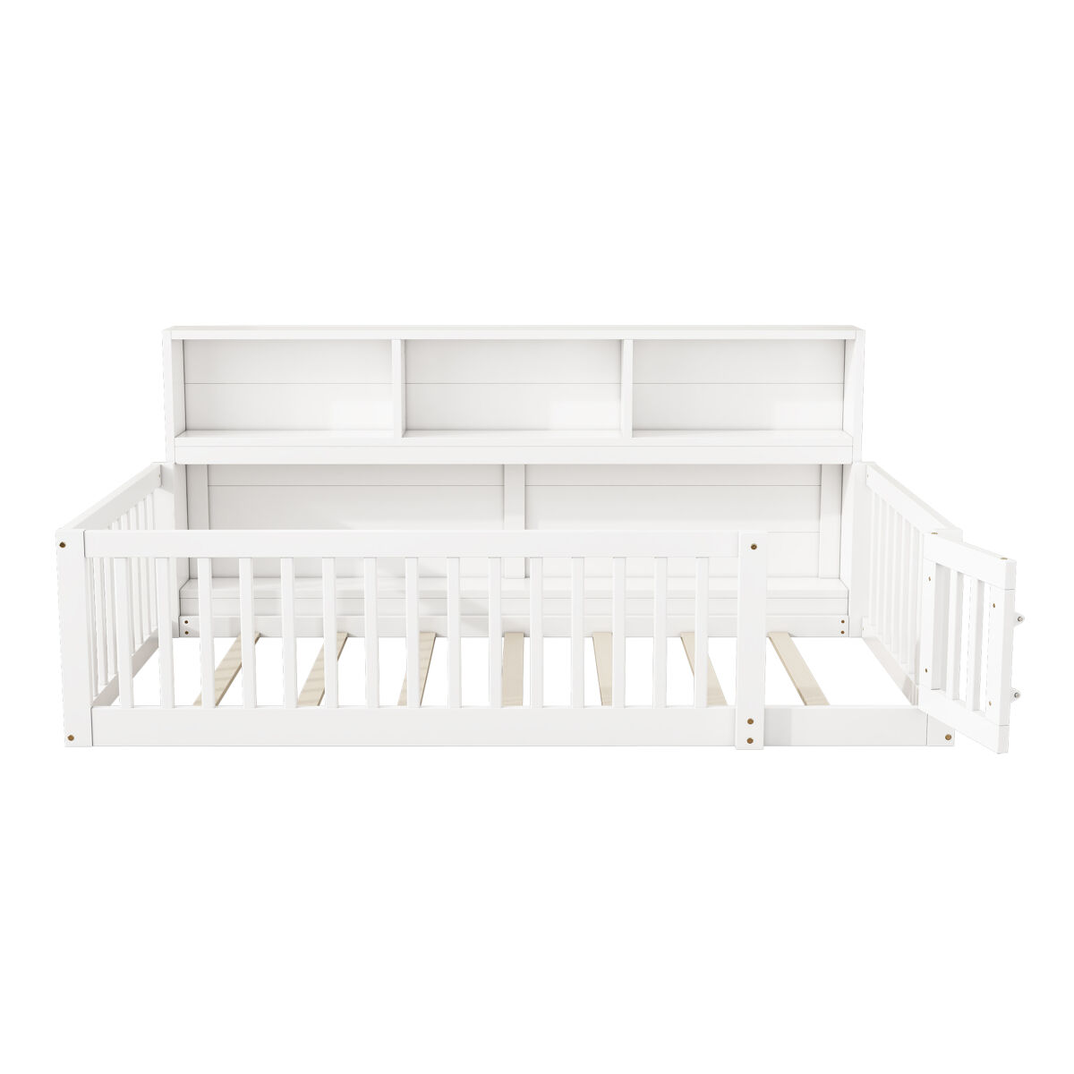 Cama de madeira 90x200 cm - com cabeceira com arrumação e mola de caixa - branco