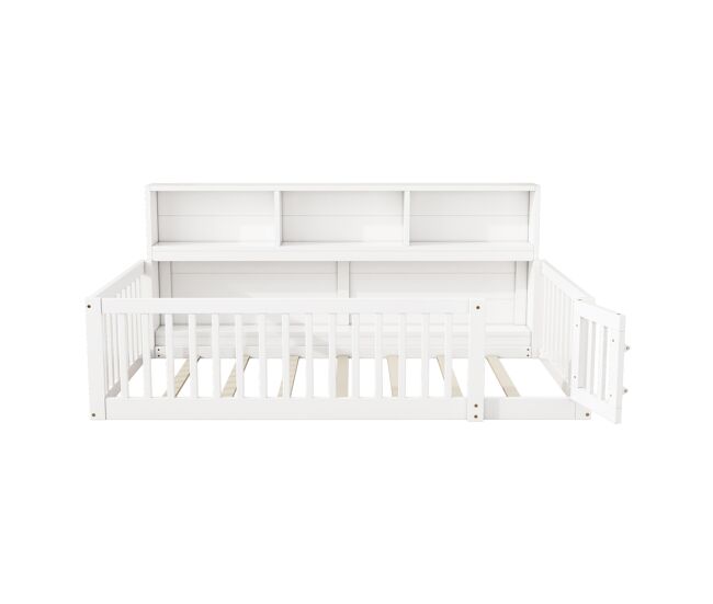 Cama de madeira 90x200 cm - com cabeceira com arrumação e mola de caixa - branco