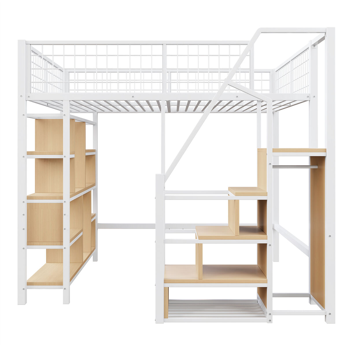 Cama alta multifuncional 140 x 200 cm - com arrumação, prateleiras e escada - branco
