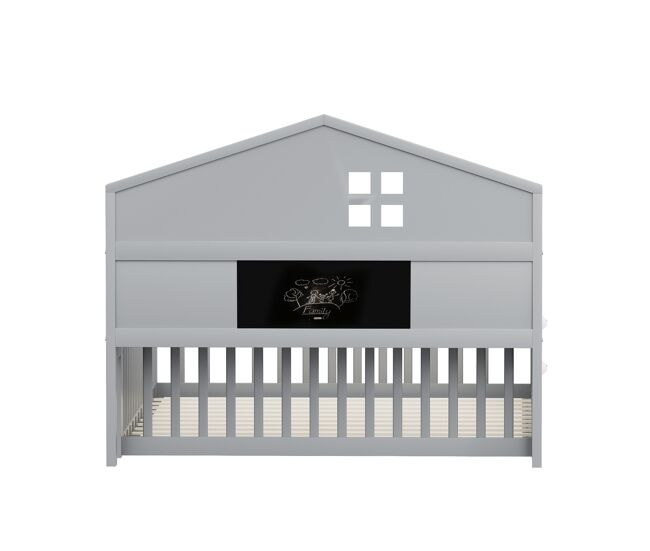Cama de madeira para crianças 140x200 cm - com prateleiras e grelha de proteção - com estrado - cinzento