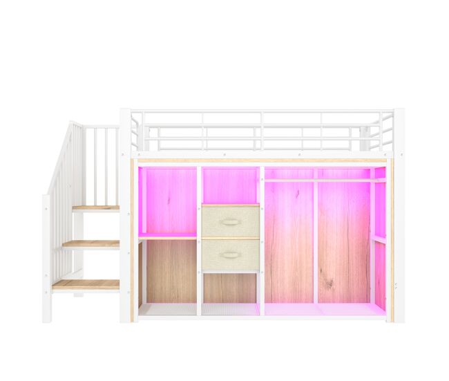 Cama loft 90x200 cm - 2 gavetas, armário aberto, led multicolorido, vários compartimentos - branco