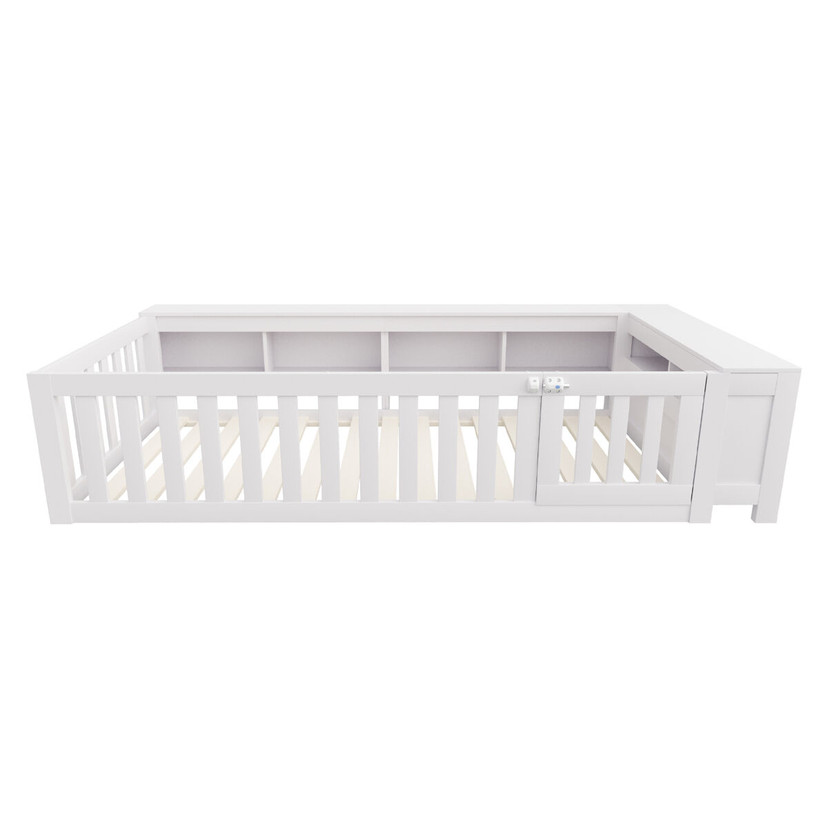 Cama infantil multifuncional 90x200 cm - com compartimentos de arrumação, grade de segurança e porta, cama de madeira maciça com estrado - branco