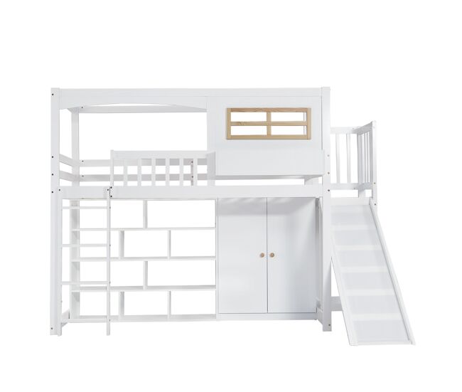 Cama alta em madeira e mdf - 90x200 cm - com prateleiras, roupeiro e escorrega - branco