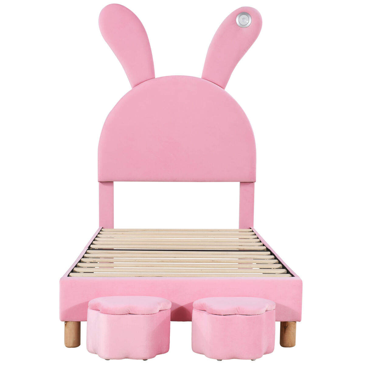 Cama de veludo para enfant - 90x200 cm - orelhas de coelho dobráveis com led - 2 bancos com arrumação - rosa