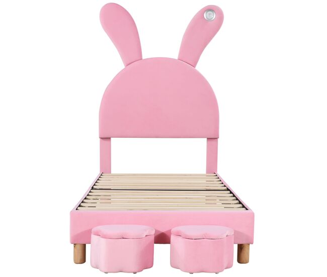 Cama de veludo para enfant - 90x200 cm - orelhas de coelho dobráveis com led - 2 bancos com arrumação - rosa
