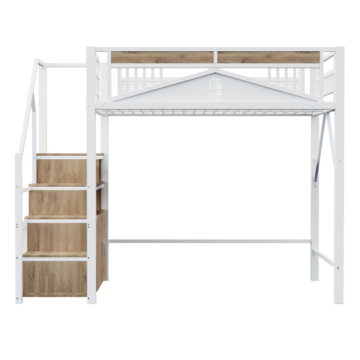 Cama alta metálica 140 x 200 cm - com estrutura de segurança com janela e escada com armário - branco