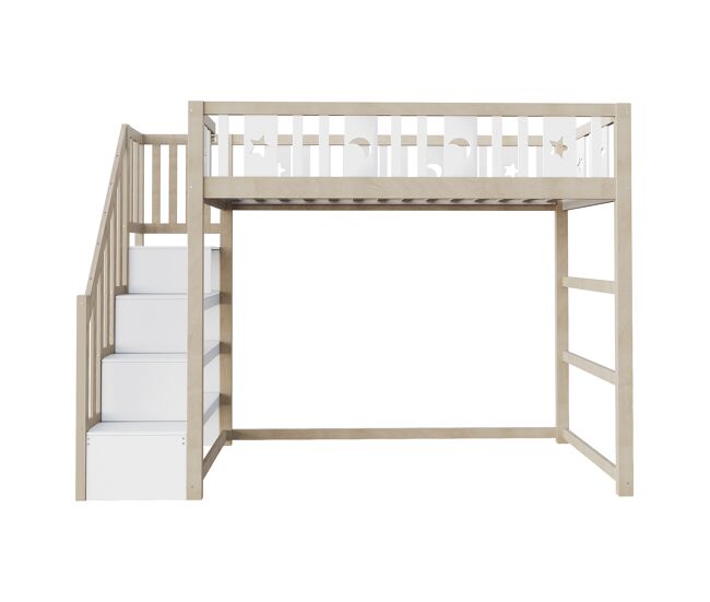 Cama alta infantil 90x200 - com escada, cama individual em madeira maciça com grades de segurança, decoração com estrelas e lua - natural e branco