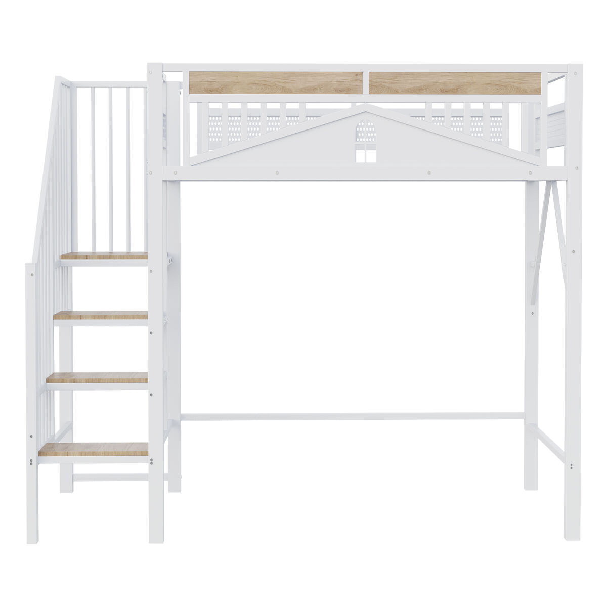 Cama alta metálica 90x200 cm - segurança com janela, escada de segurança, espaço livre para tela - blanc