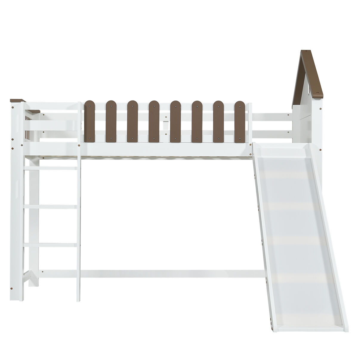 Cama alta 90x200 cm com escada e escorrega - em madeira de pinho e mdf - branco e castanho