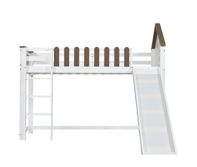 Cama alta 90x200 cm com escada e escorrega - em madeira de pinho e mdf - branco e castanho