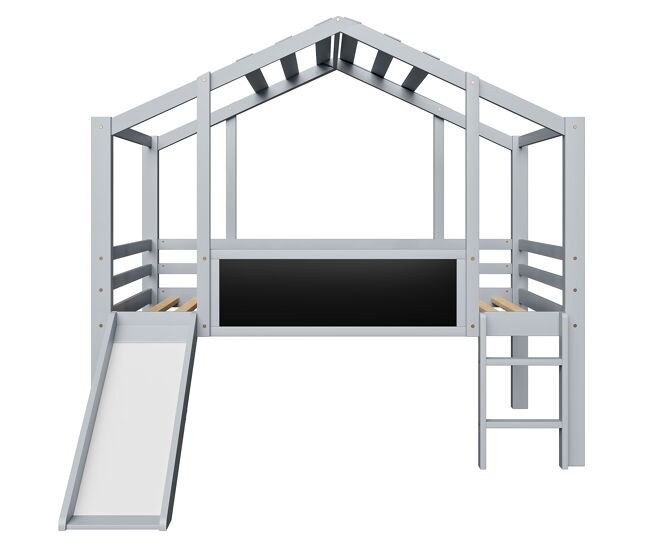 Cama infantil 90x200 cm - design loft, escada e escorregador de segurança, quadro de grafite, madeira maciça, cinza
