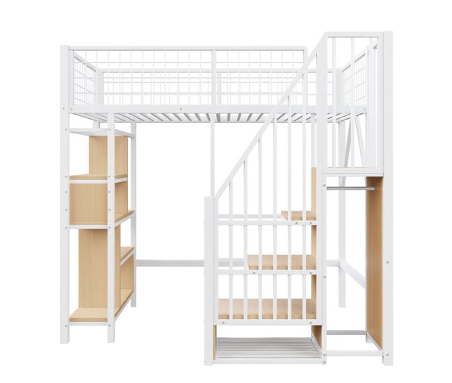 Cama alta multifuncional 90x200 cm - com arrumação, prateleiras e escada - branca