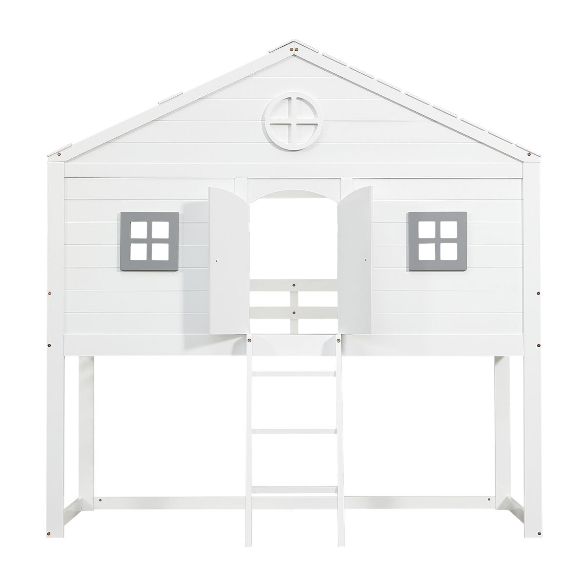 Cama tipo casa 90x200cm - com escada, proteção anticaídas, duas janelas cinzentas - branco+cinza