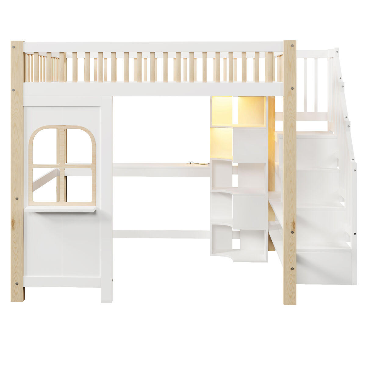 Cama alta 140x200 cm - com luzes led, forma de janela, secretária, prateleira e tomada elétrica - branco+natural