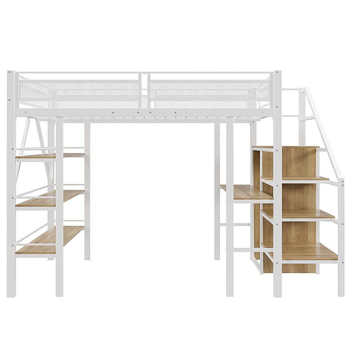 Cama alta 140*200 cm - estante de três níveis, secretária, armário, escada de segurança com compartimento, design com cerca alta - branco