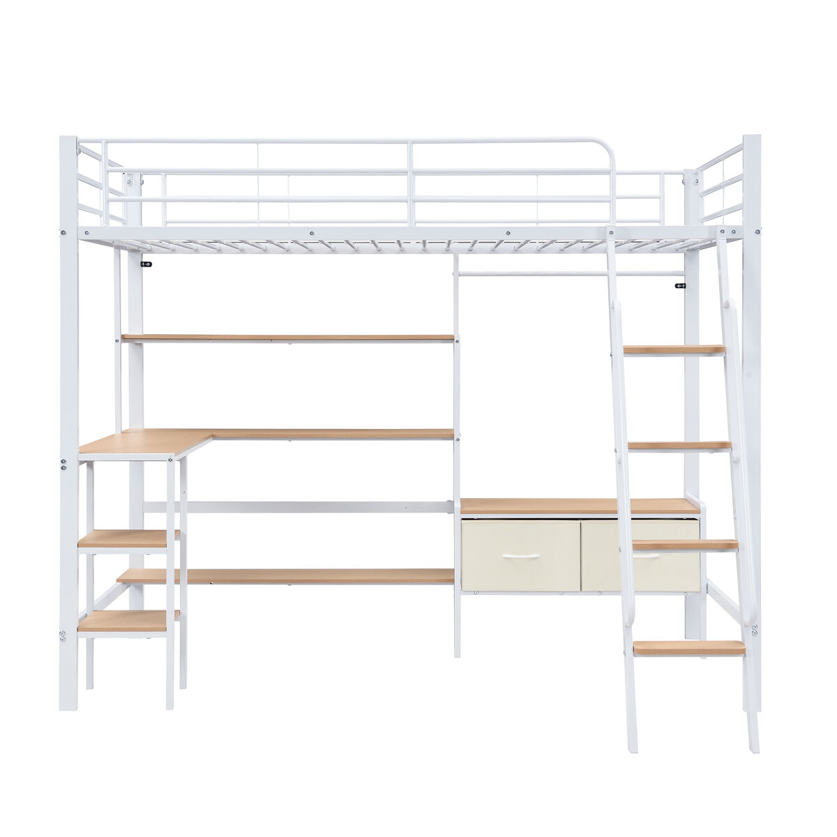 Cama loft 90x200cm - inclui 2 caixas de arrumação, secretária, prateleira, escada inclinada - branco+natural