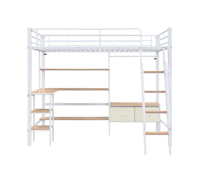 Cama loft 90x200cm - inclui 2 caixas de arrumação, secretária, prateleira, escada inclinada - branco+natural