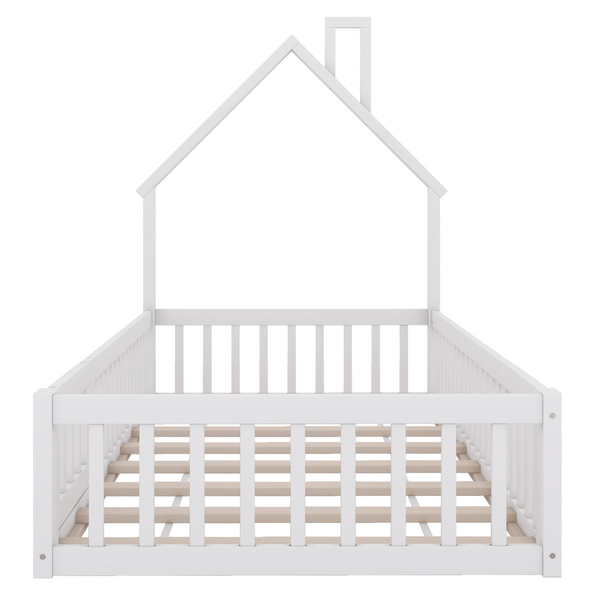 Cama infantil, 90 x 200 cm - cama em forma de chaminé, com estrado (sem colchão), madeira de pinho, estilo minimalista - branco