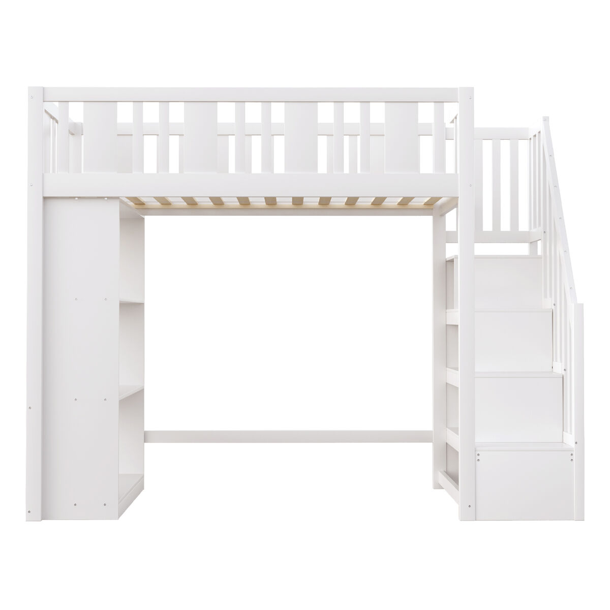 Cama alta 90x200 cm - cama infantil com escada de arrumação, cama multifuncional com grandes compartimentos, cama juvenil em madeira - branco