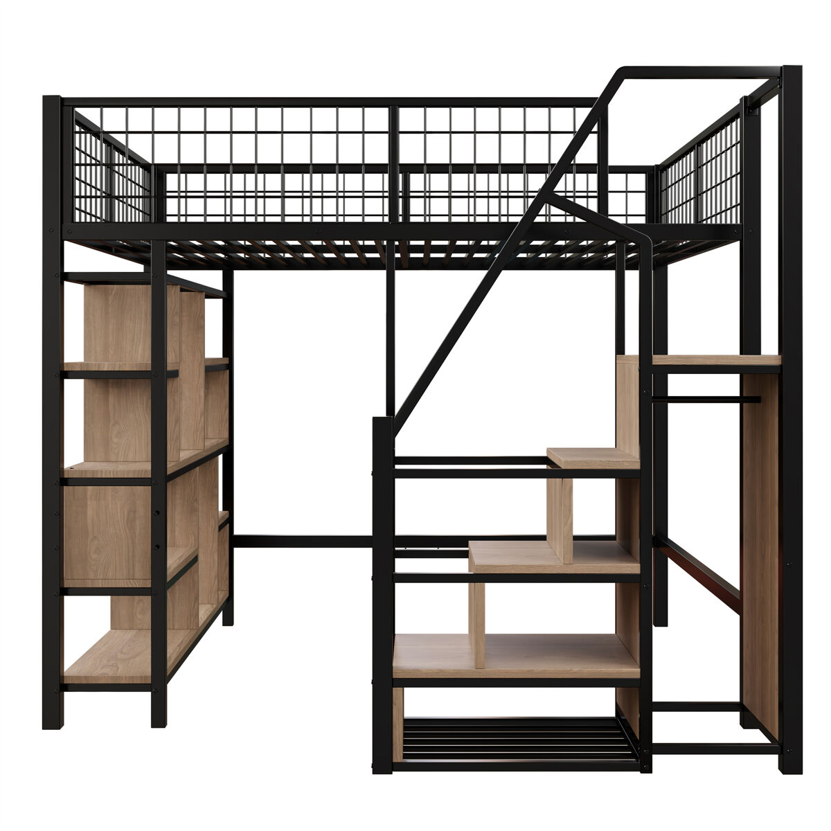 Cama alta multifuncional 140x200 cm - com arrumação, prateleiras e escada - cor preta