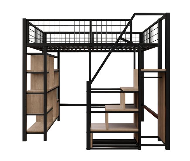 Cama alta multifuncional 140x200 cm - com arrumação, prateleiras e escada - cor preta