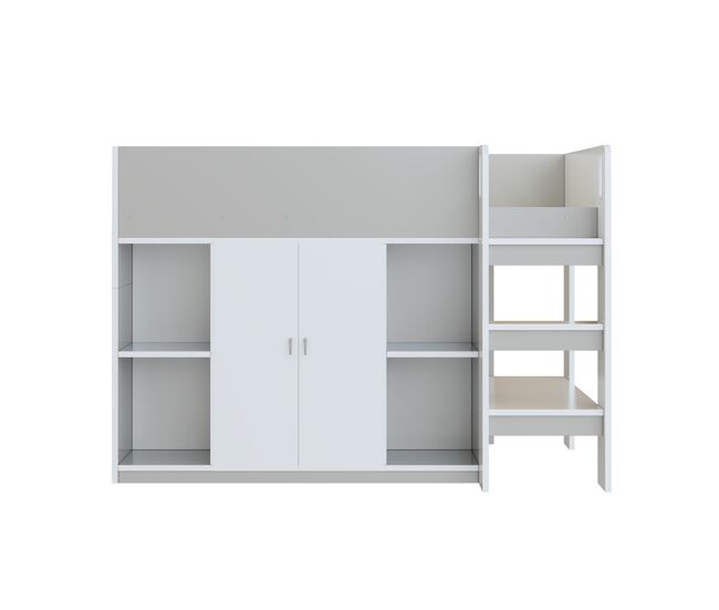 Cama alta multifuncional 90x200 - com arrumação, armário e prateleiras, cama infantil com escada e construção estável - cinza