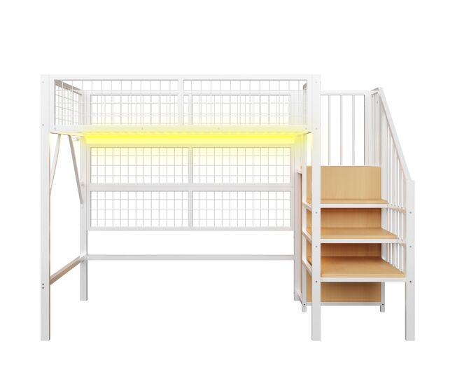 Cama alta metálica 90x200 - com escada, arrumação, armário aberto, luzes led controladas por aplicação - branco e preto