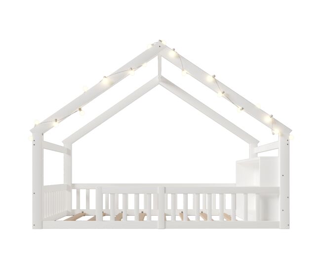 Cama baixa 140x190 cm - berço com grades, estilo minimalista, madeira de pinho, branco