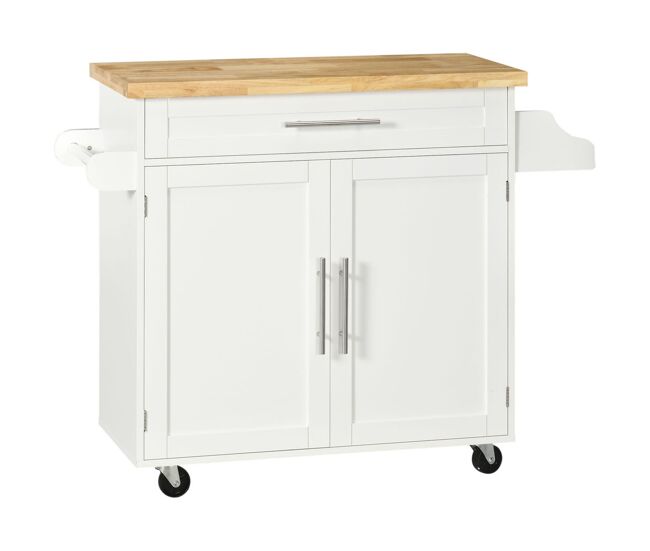 Homcom carrinho de cozinha com armário portas e prateleira interior ajustável gaveta barra e suporte para temperos móvel aparador auxiliar com rodas