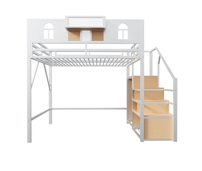 Cama alta metálica 140x200 - com escada de arrumação, janela, madeira e tecido, estrutura estável - branca